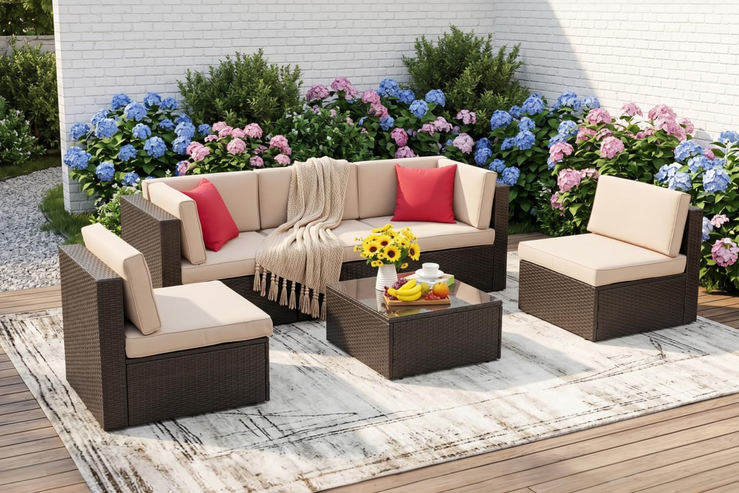 6pc PE Wicker Sectional Beige Coffee Table Patio Set