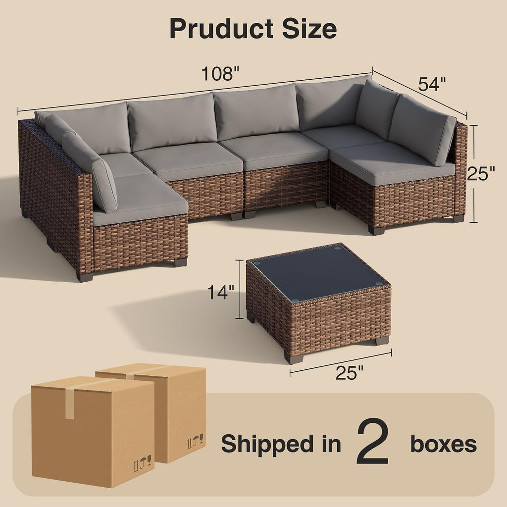 7pc Rattan Sectional Grey Cushion Glass Table Set