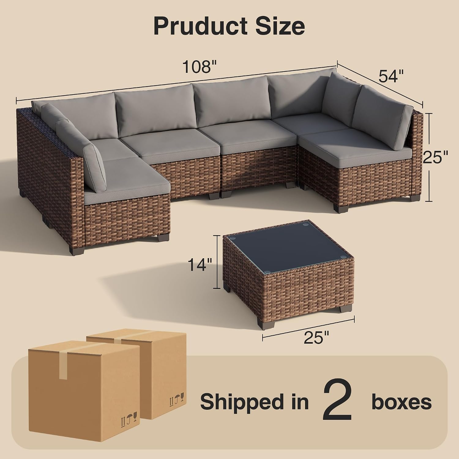 7pc Rattan Sectional Grey Cushion Glass Table Set