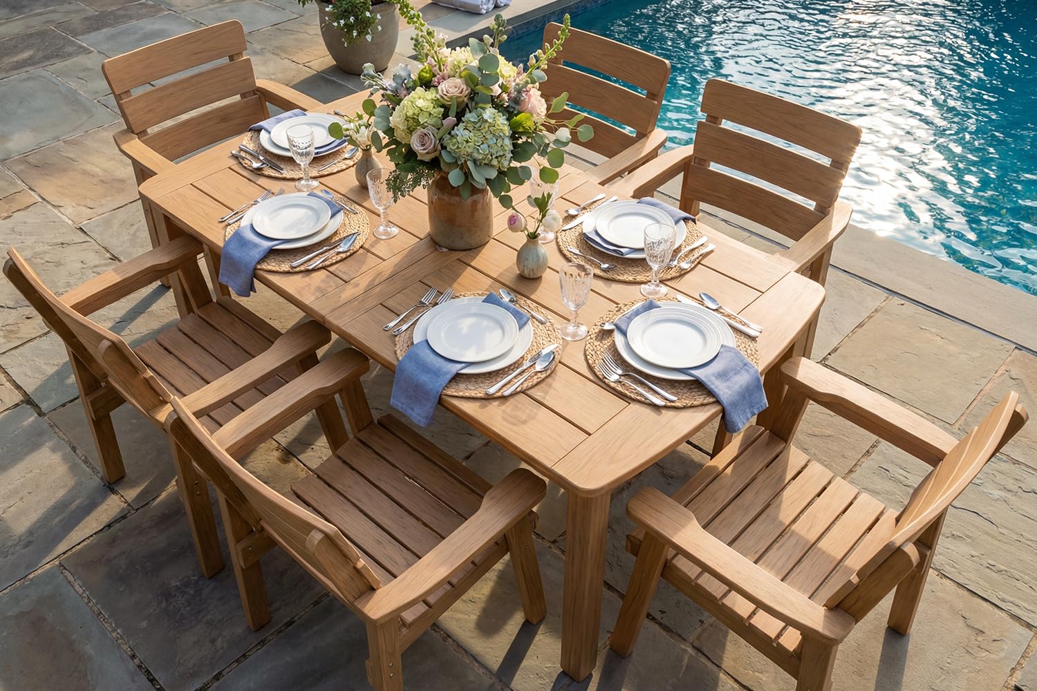 7pc Teak HIPS Dining Set Six Chairs Umbrella Hole