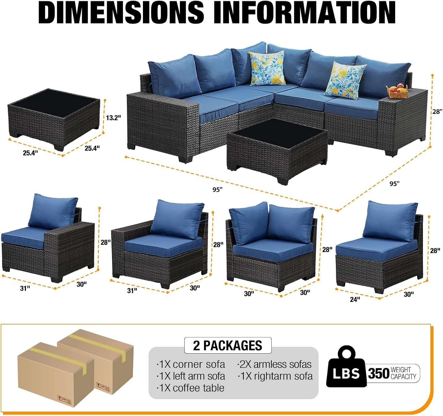 6pc Wicker Sectional Navy Cushion Glass Table Set