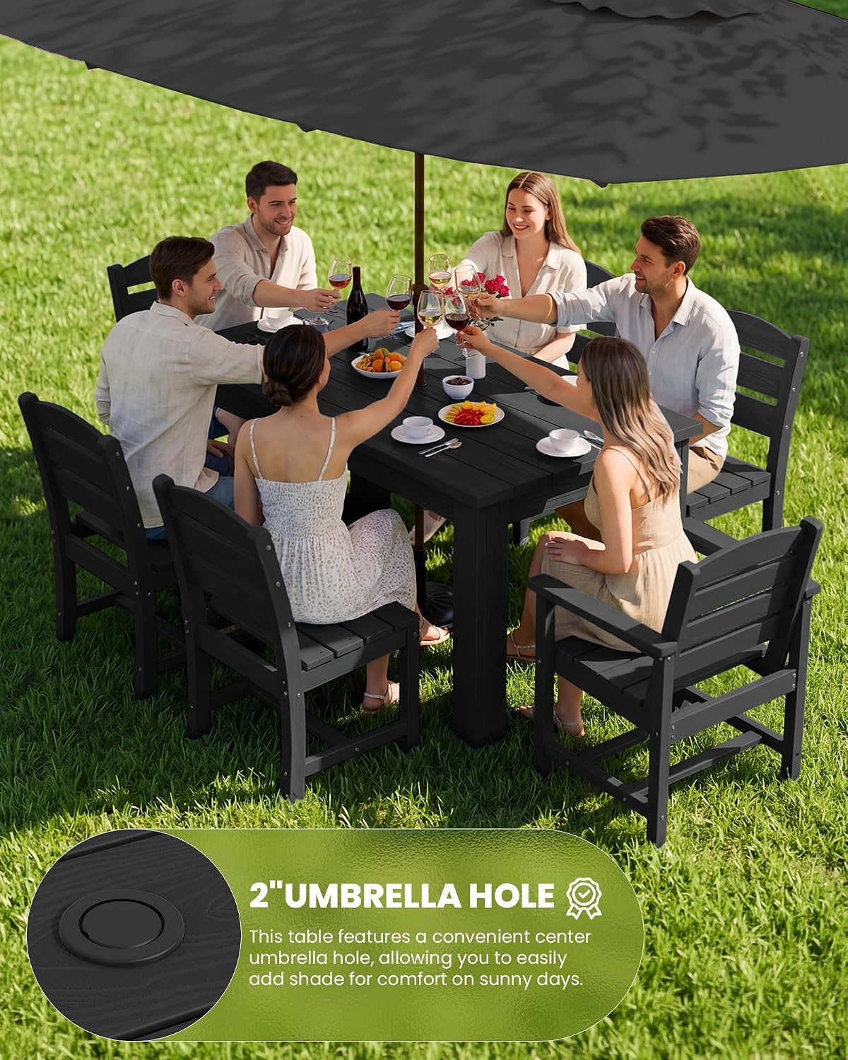 6 Seater HDPE Black Armless Patio Dining Set