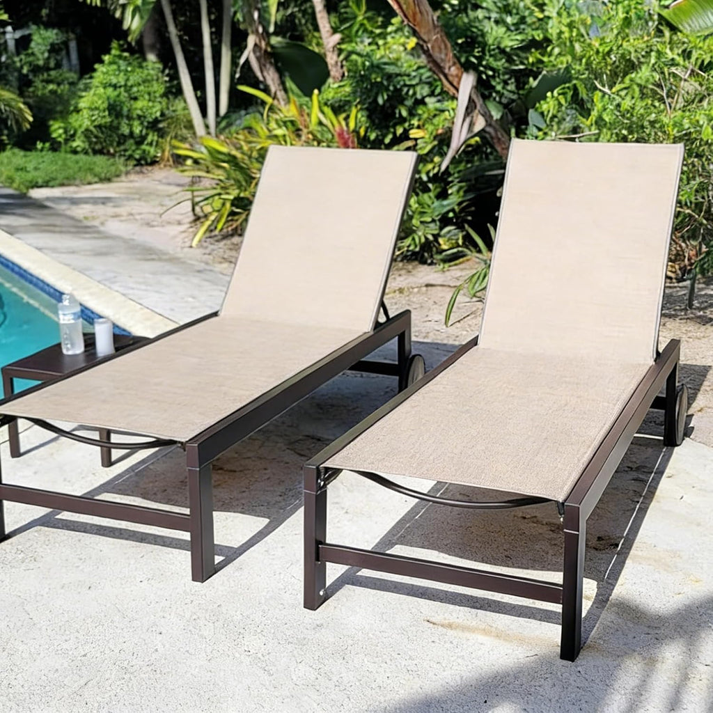 Bronze Aluminum Wheeled Patio Lounge Chair 2 Pack Table
