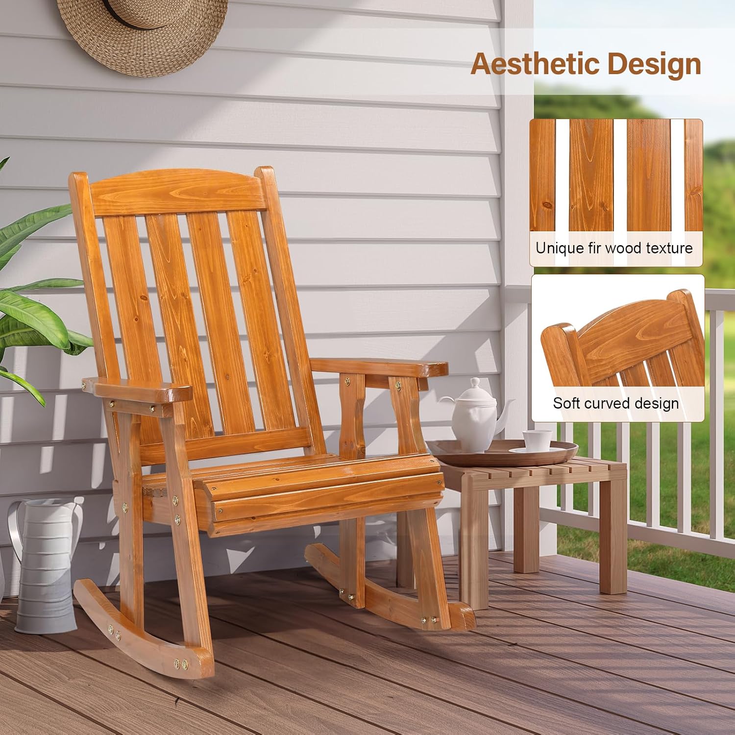 Heavy Duty Weatherproof High Back Wooden Patio Rocking Chair