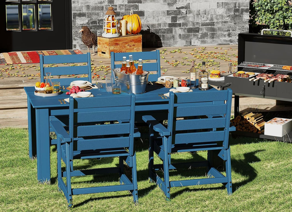 7pc HDPE Blue Dining Set Six Chairs Umbrella Hole