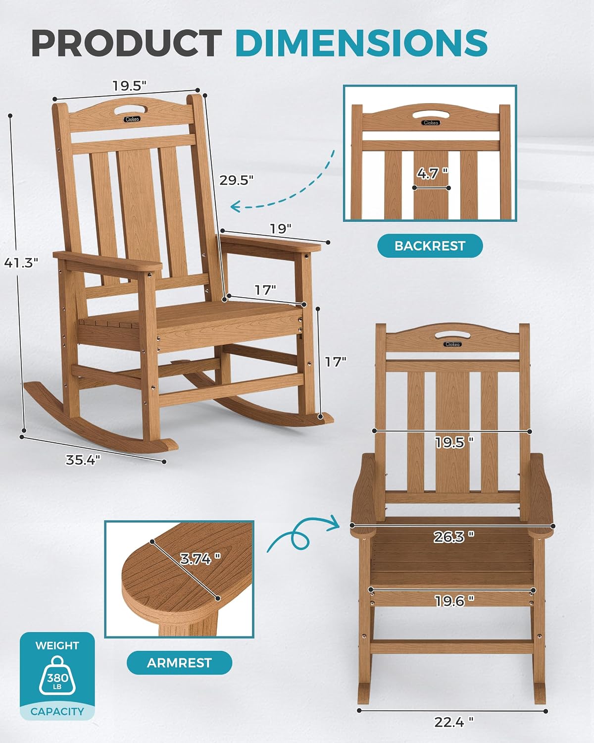 Teak High Back Rocker 380lbs Weather Resistant