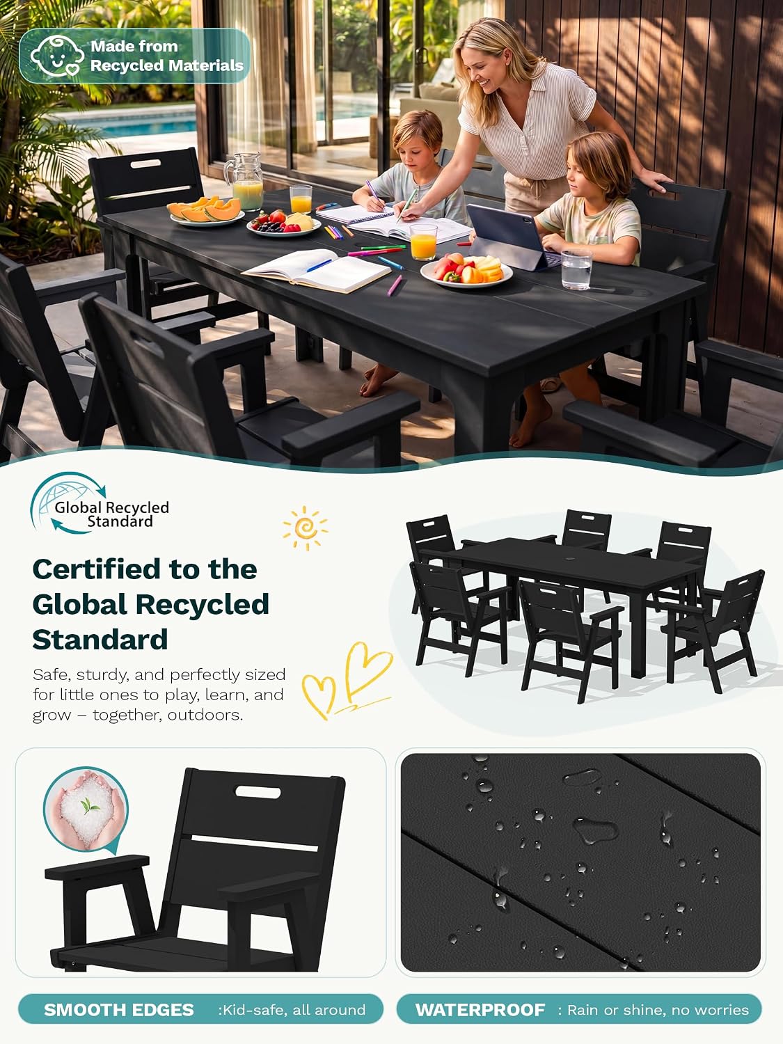 10pc HDPE Dining Set Black Eight Chairs Umbrella