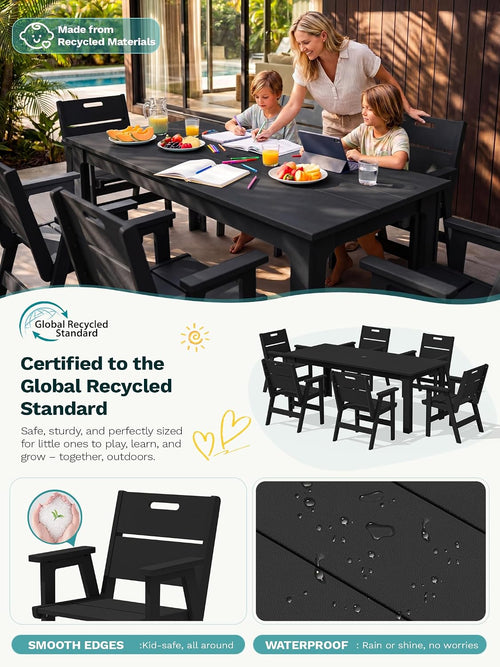 10pc HDPE Dining Set Black Eight Chairs Umbrella