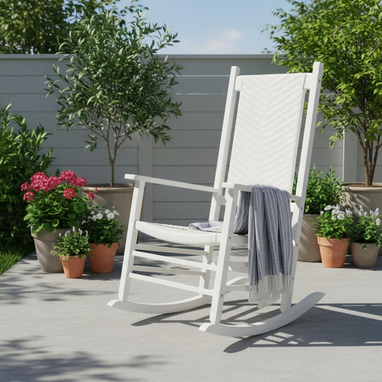 White High Back Wood Rocker Rattan Porch Chair