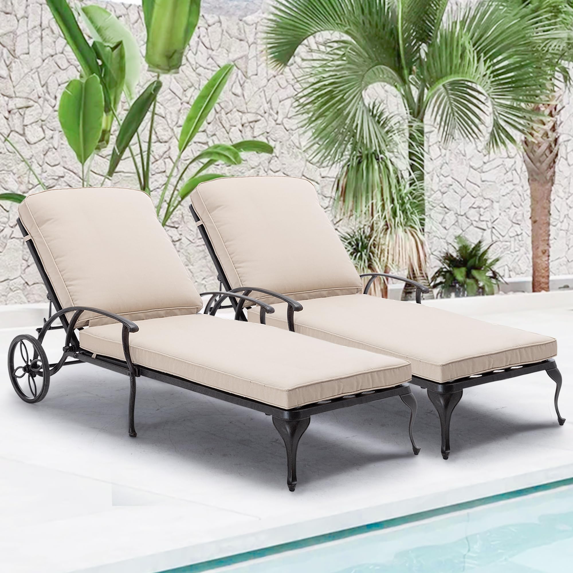 Cast Aluminum Wheeled Cushioned Pool Lounge Chair 2 Pack