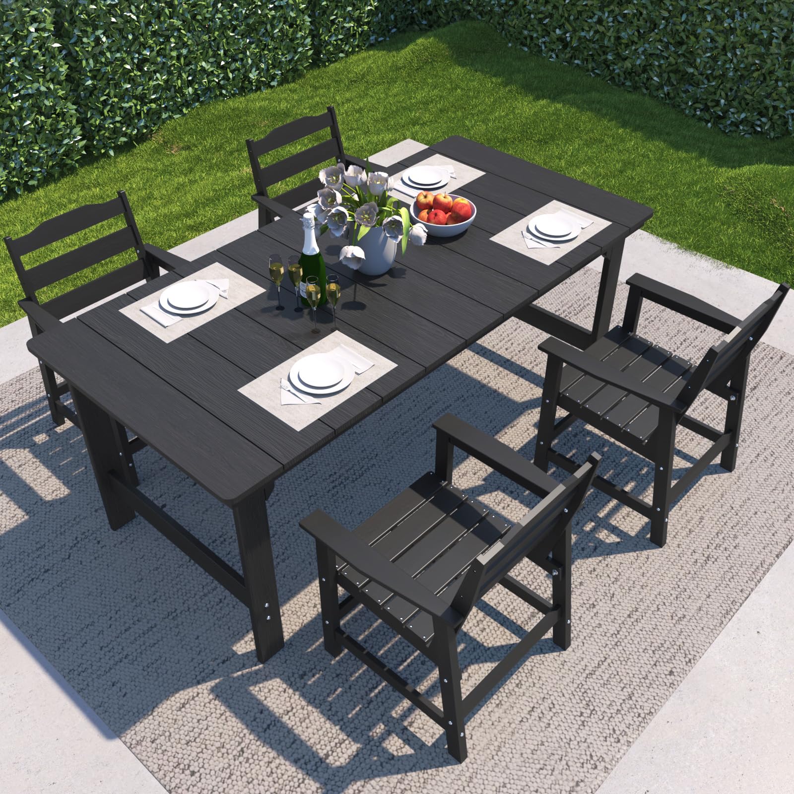 7pc Aluminum Dining Set Black HDPE Umbrella Hole