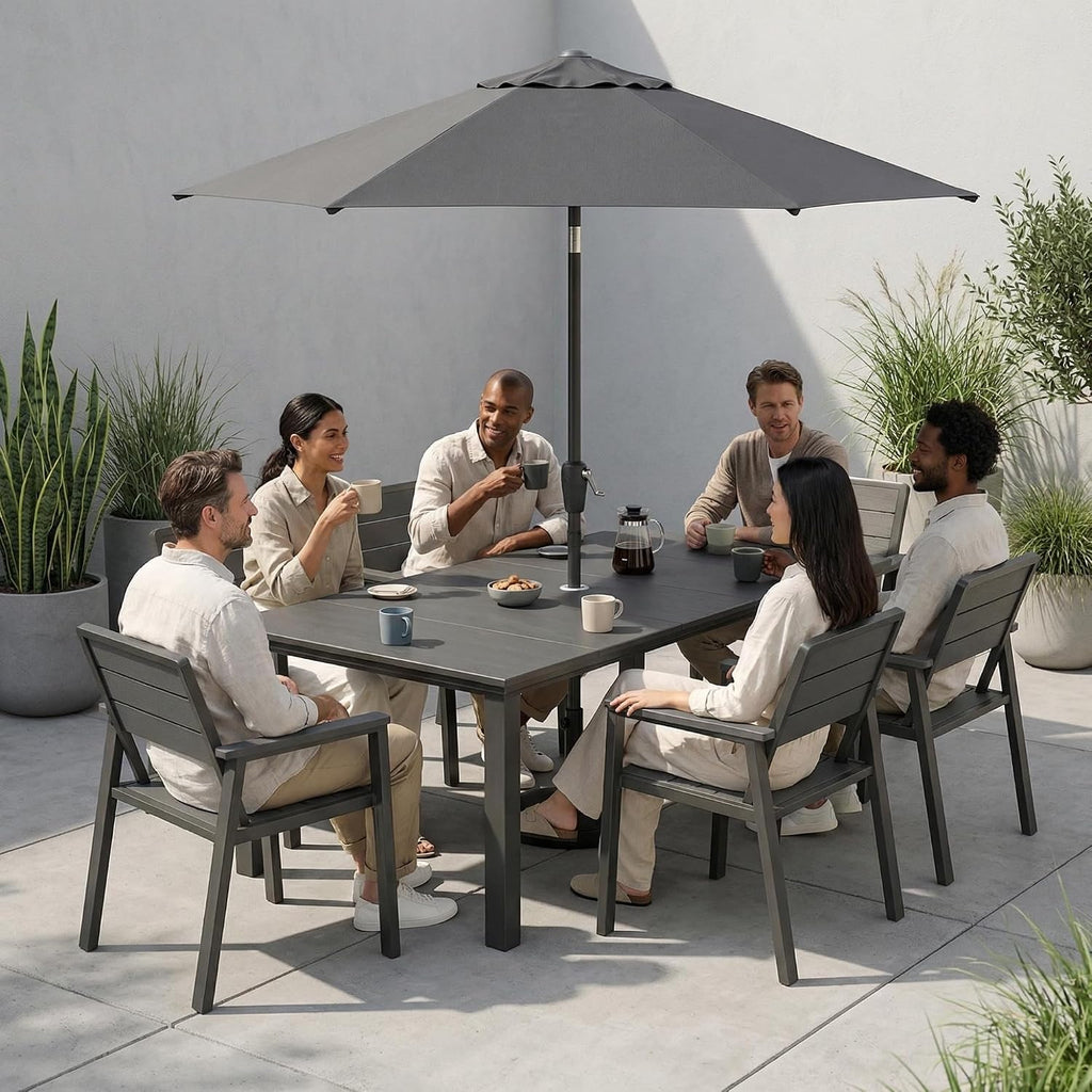 7pc HDPE Metal Dining Set Grey Umbrella Hole Chairs