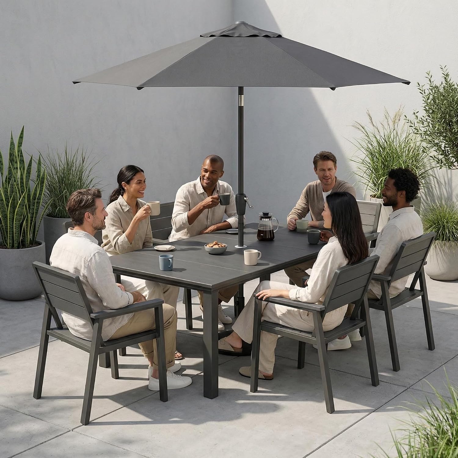 7pc HDPE Metal Dining Set Grey Umbrella Hole Chairs