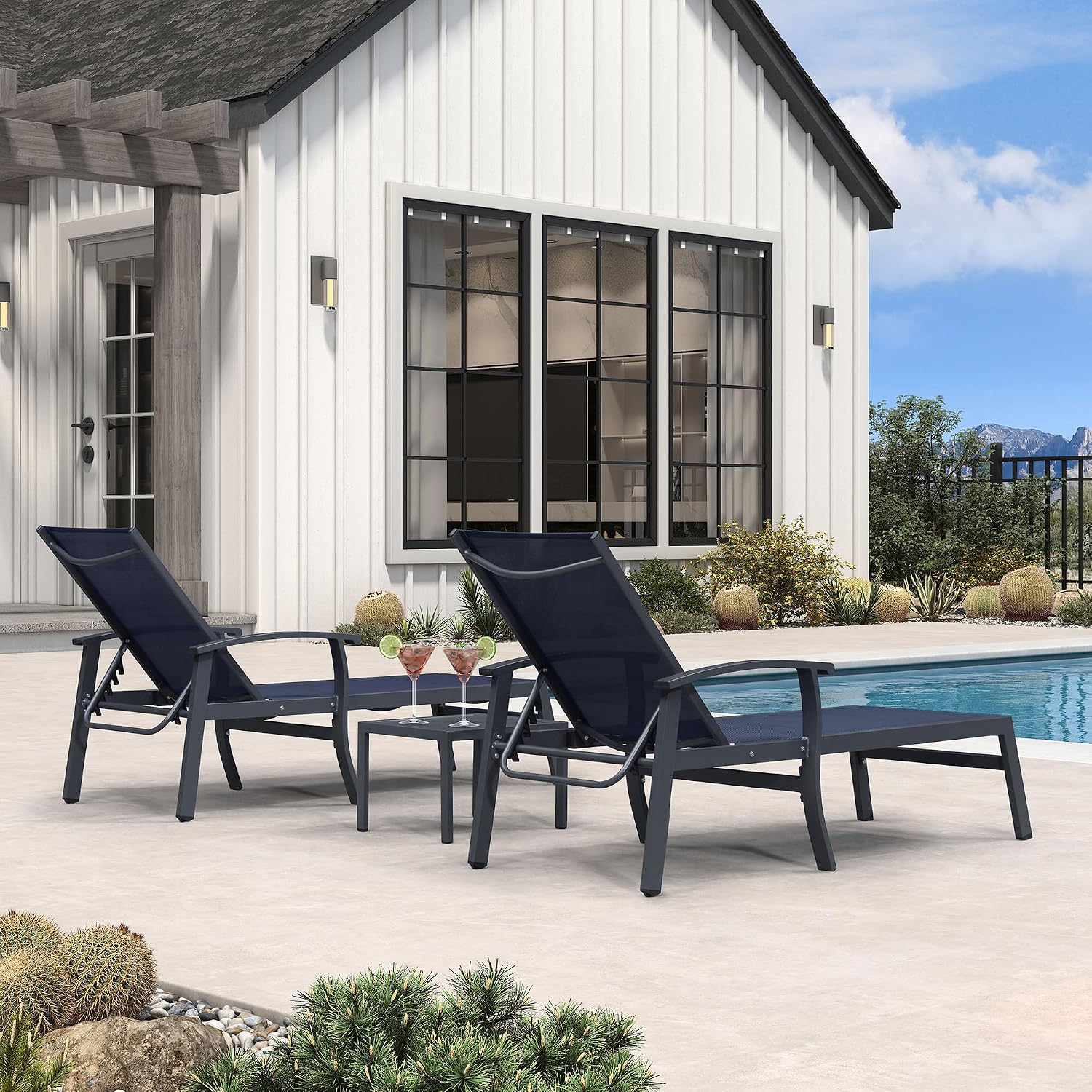 Two Aluminum Lounges with Side Table Armrests