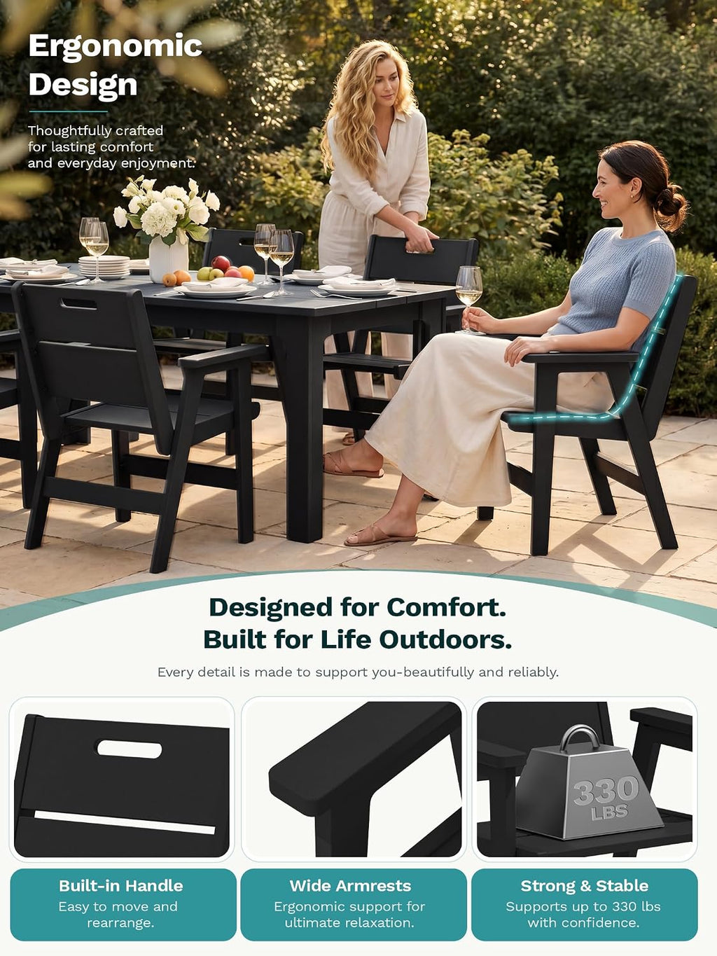 10pc HDPE Dining Set Black Eight Chairs Umbrella