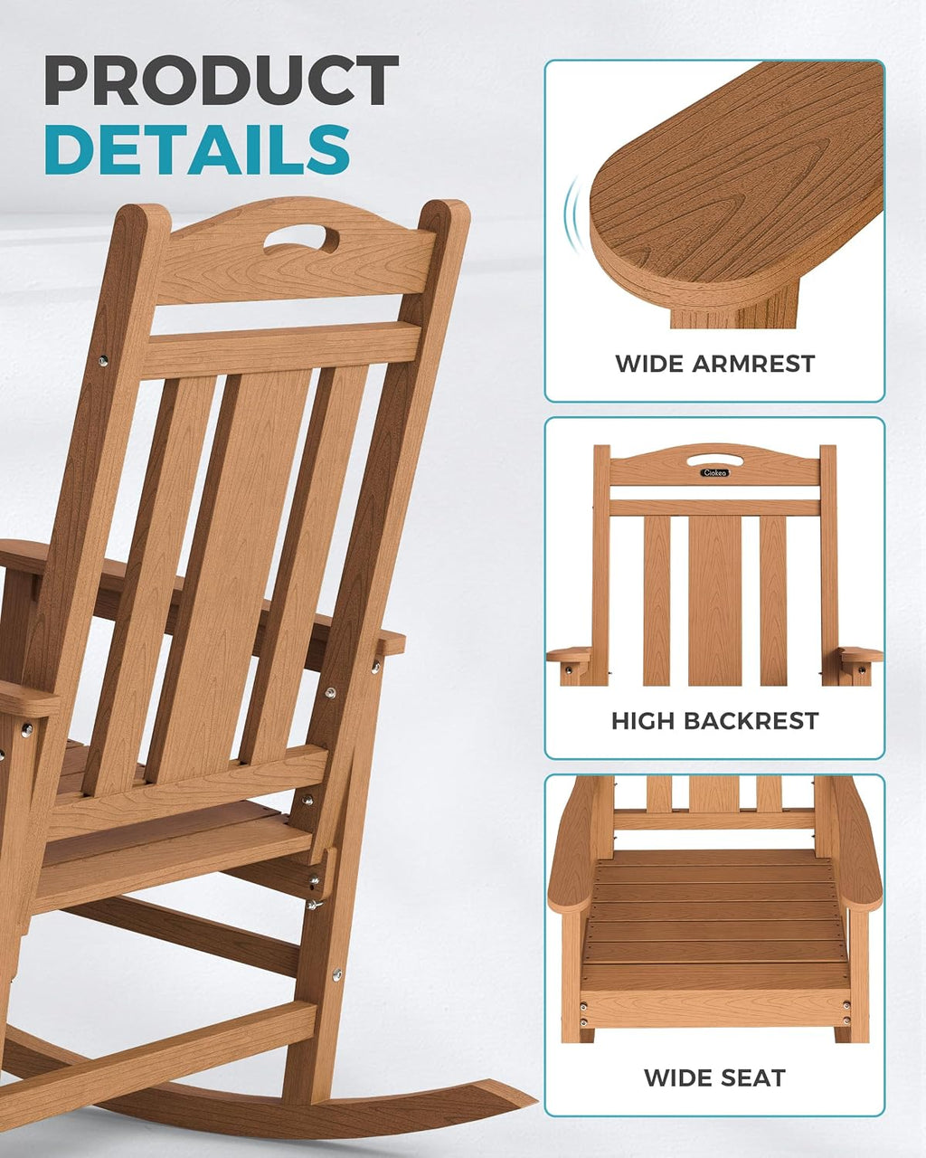 Teak High Back Rocker 380lbs Weather Resistant