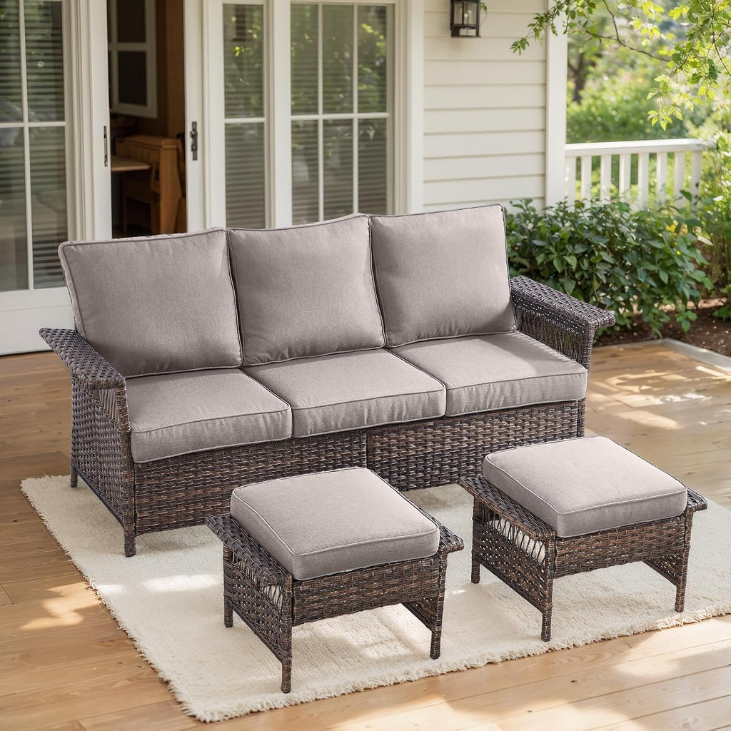 3pc Wicker Sofa Set Rattan Ottomans Grey Cushions