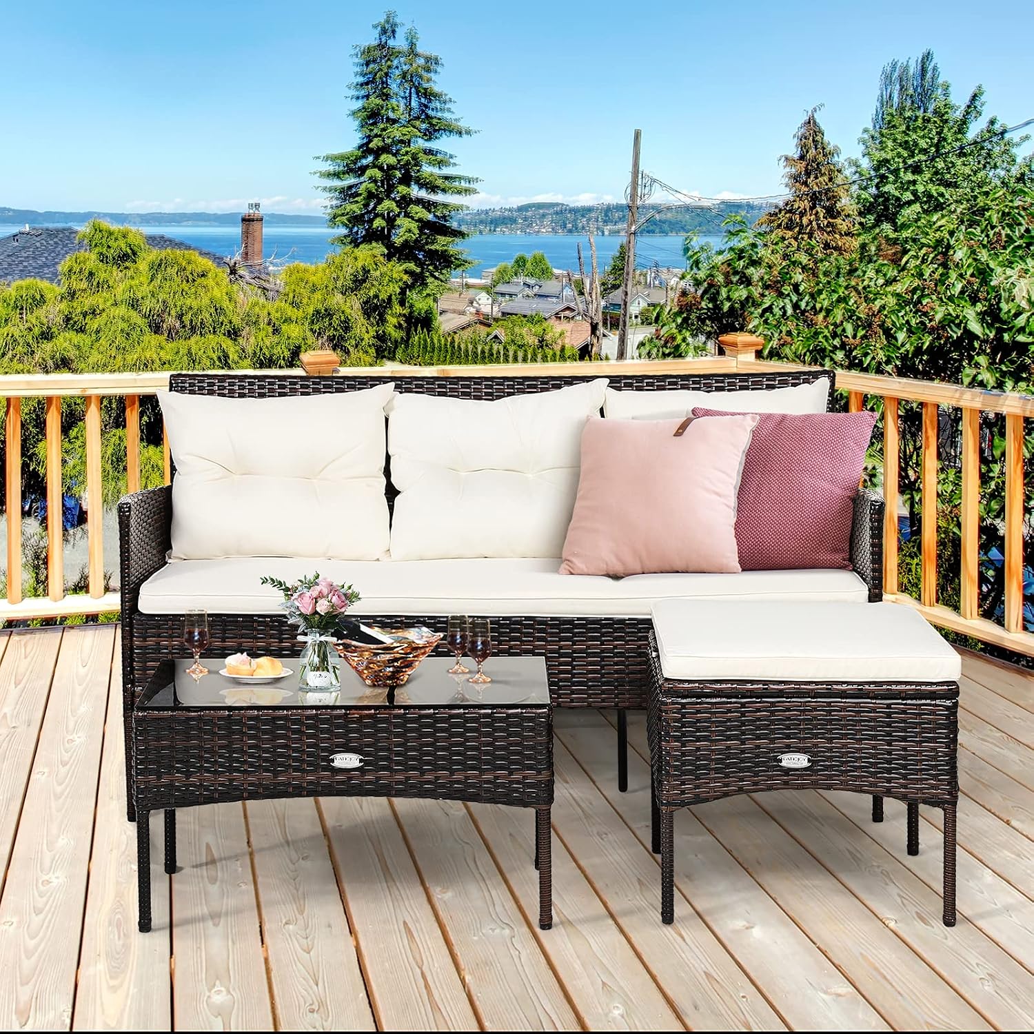 3 Piece PE Rattan Set Cushions Tempered Glass Table