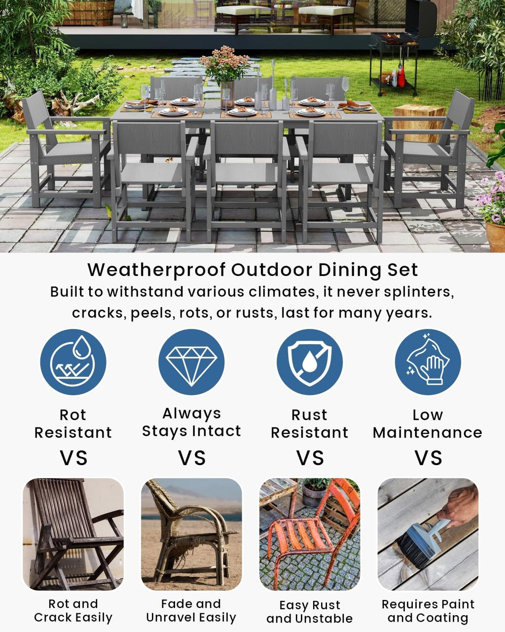 9pc Grey HDPE Table Six Armchairs Umbrella Hole