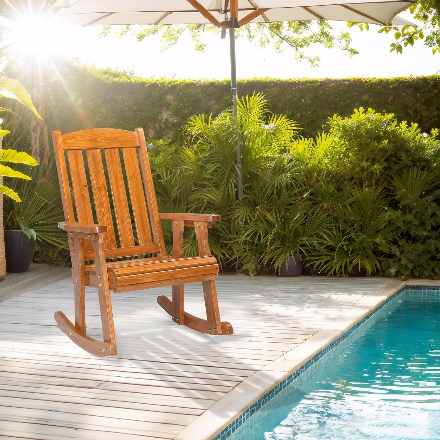 Heavy Duty Weatherproof High Back Wooden Patio Rocking Chair
