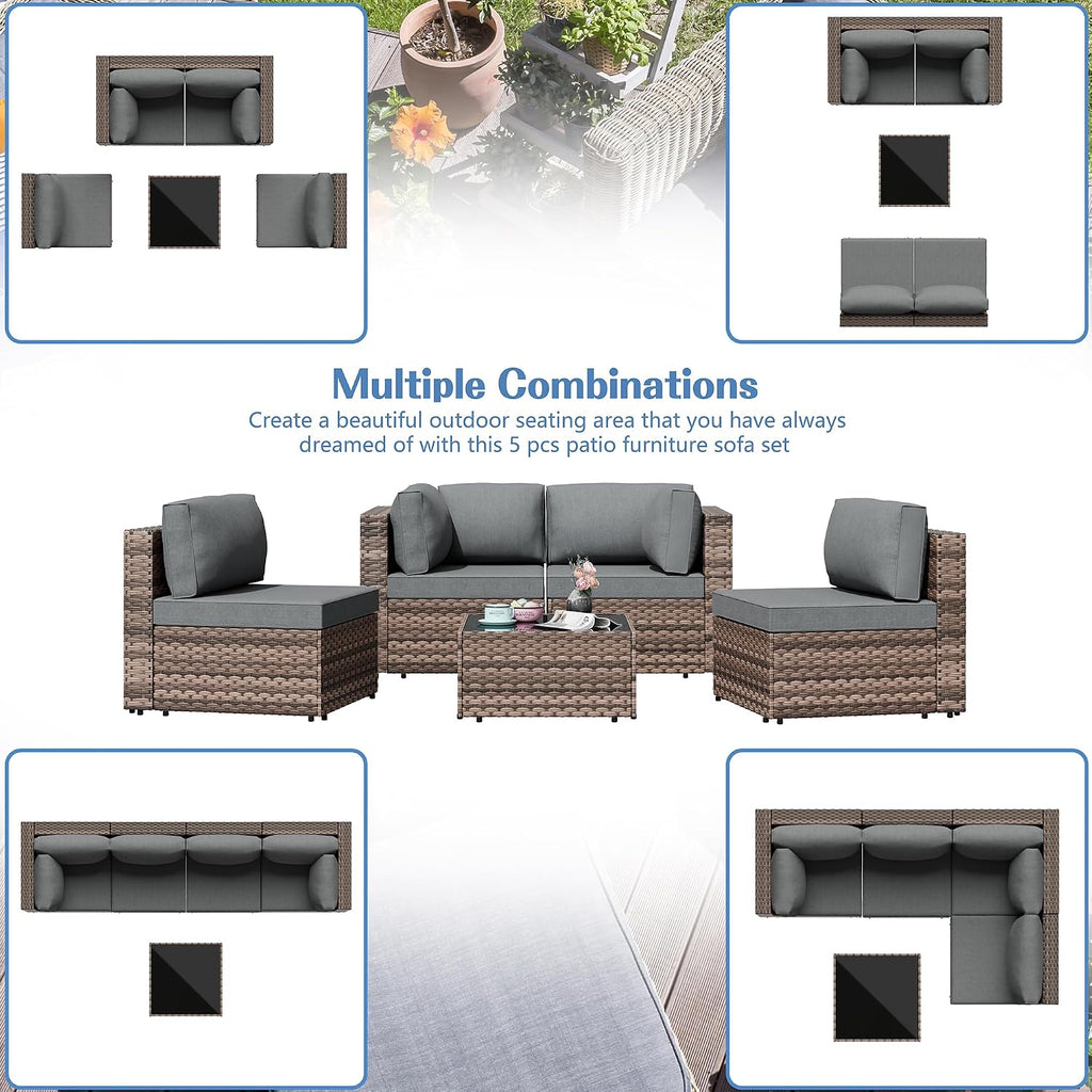 5 Piece PE Rattan Patio Set Glass Table Cushions