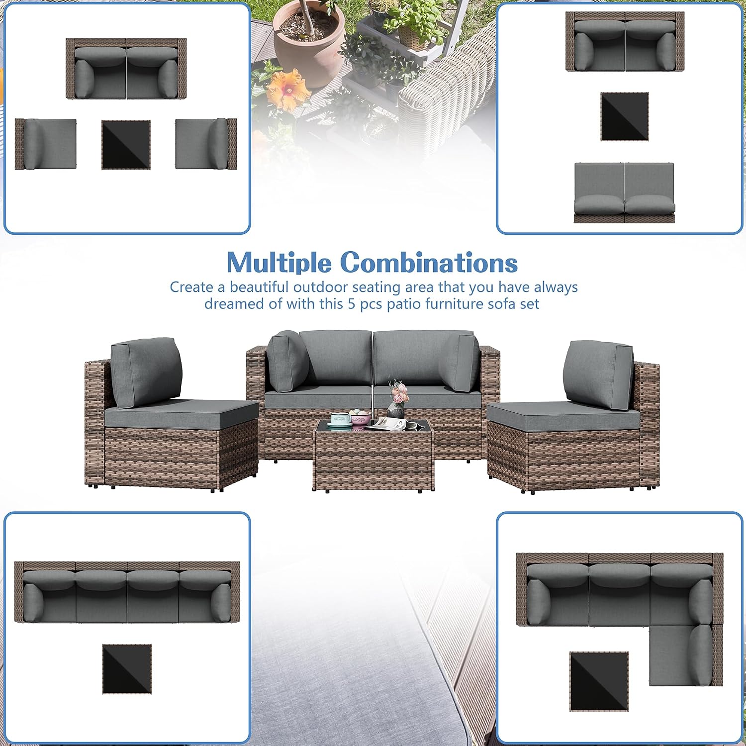 5 Piece PE Rattan Patio Set Glass Table Cushions