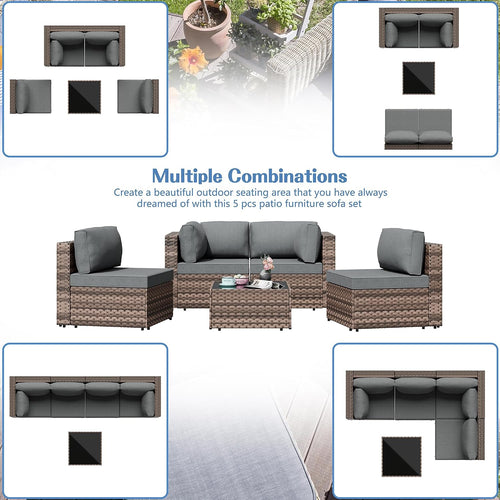 5 Piece PE Rattan Patio Set Glass Table Cushions