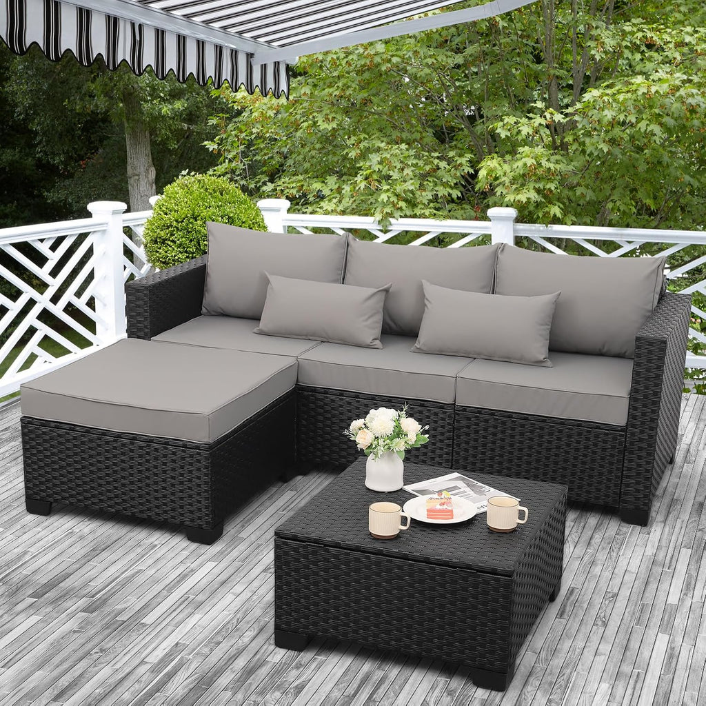 3pc Wicker Set Ottoman Storage Table Light Grey
