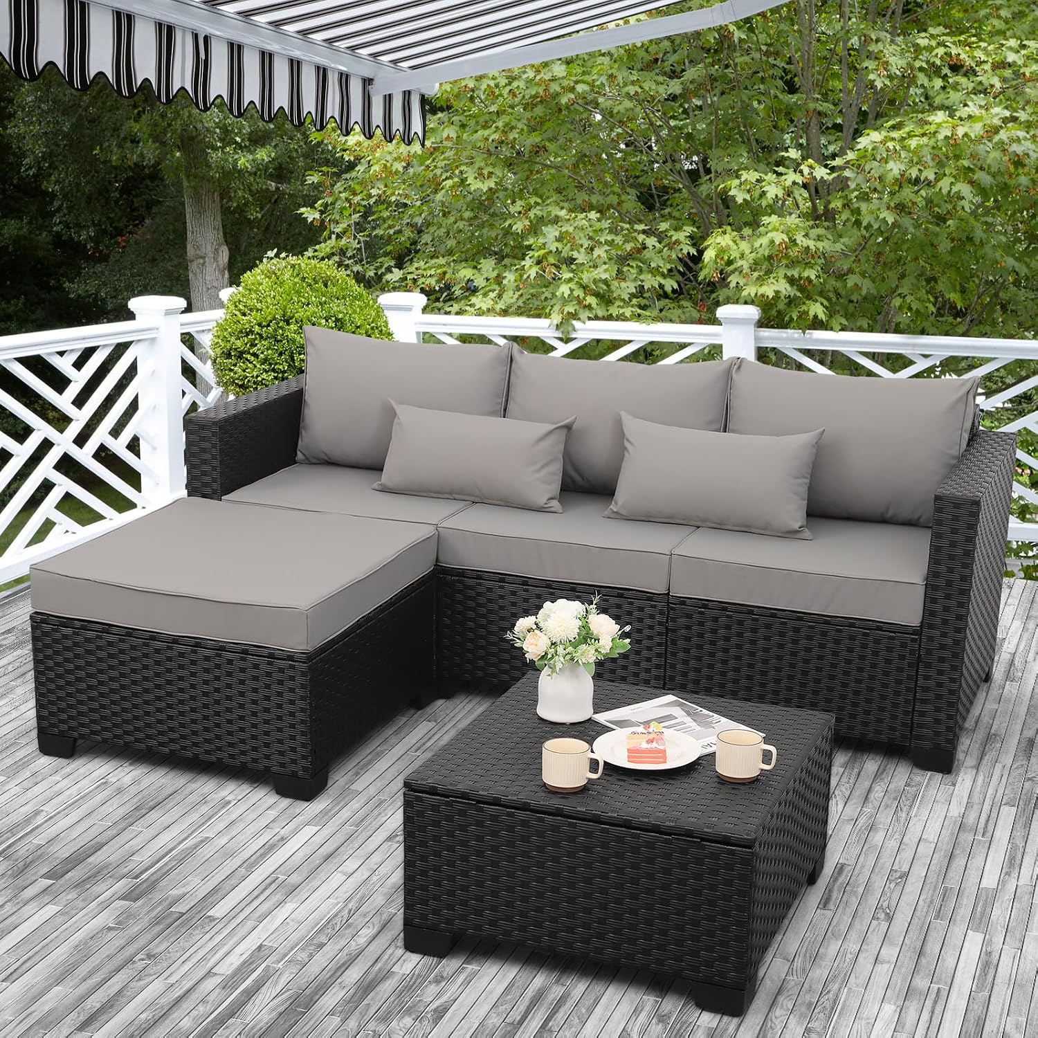 3pc Wicker Set Ottoman Storage Table Light Grey
