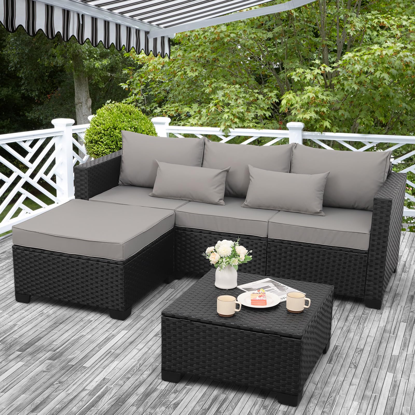 3pc Wicker Set Ottoman Storage Table Light Grey
