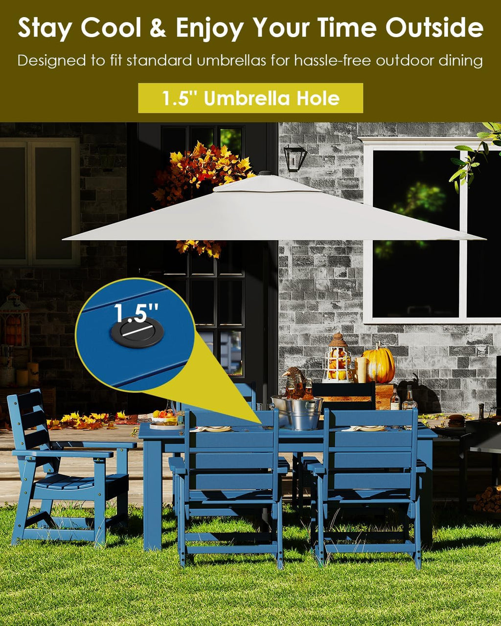 7pc HDPE Blue Dining Set Six Chairs Umbrella Hole
