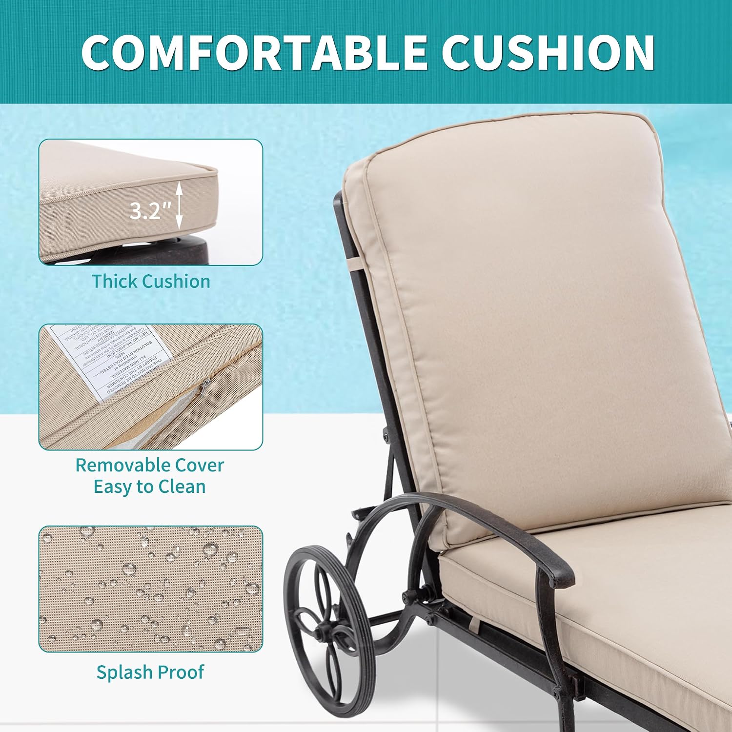 Cast Aluminum Wheeled Cushioned Pool Lounge Chair 2 Pack