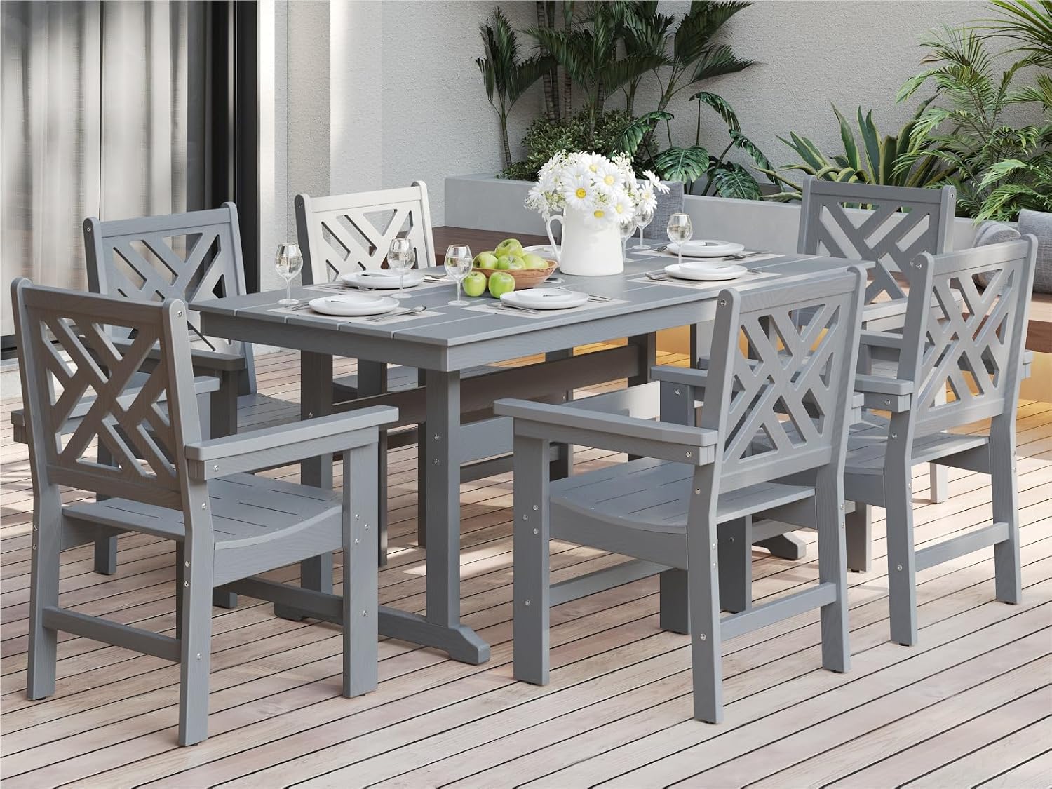 7pc Grey HDPE Dining Set Six Chairs Umbrella Hole