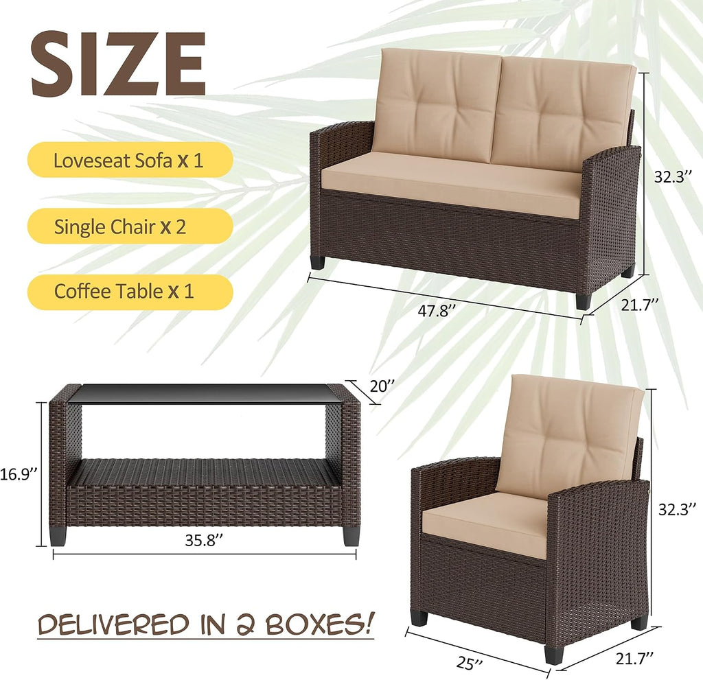 4pc Wicker Sectional Brown Khaki Cushion Table