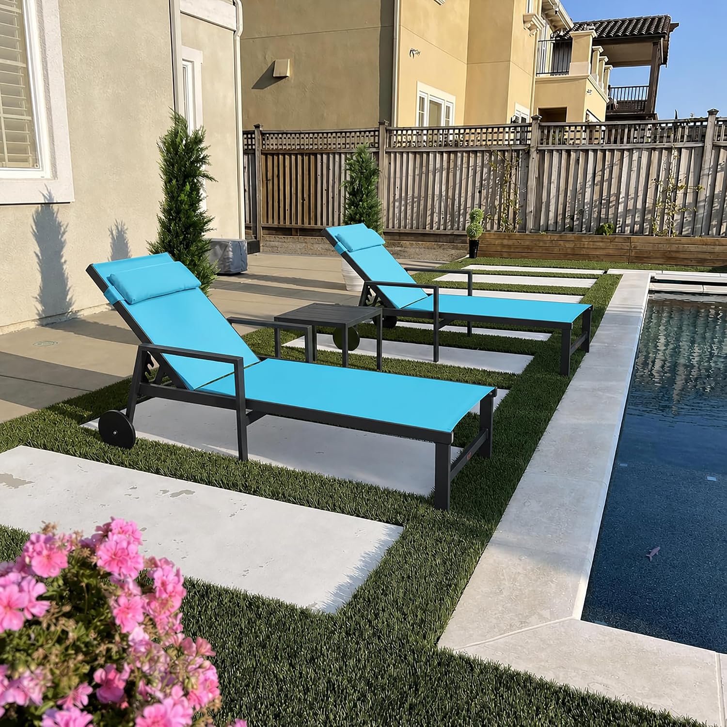 Aluminum Wheeled Patio Lounge Chair Set With Table Pillows