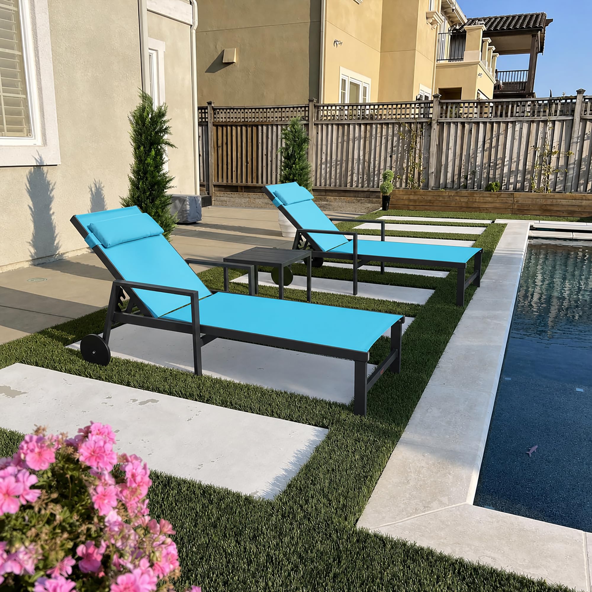 Aluminum Wheeled Patio Lounge Chair Set With Table Pillows