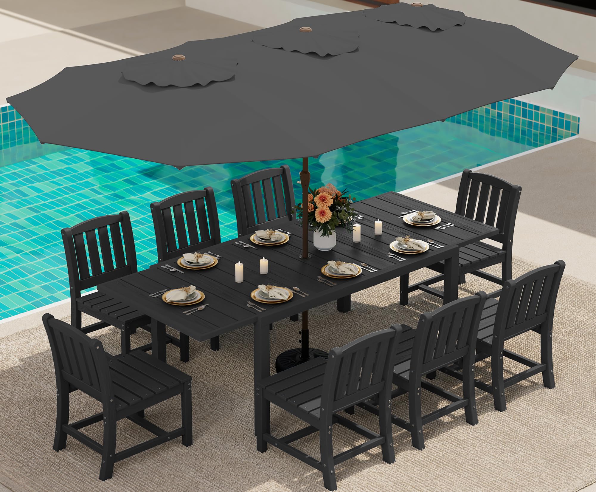 10pc Expandable Table Grey HDPE Eight Chairs Umbrella