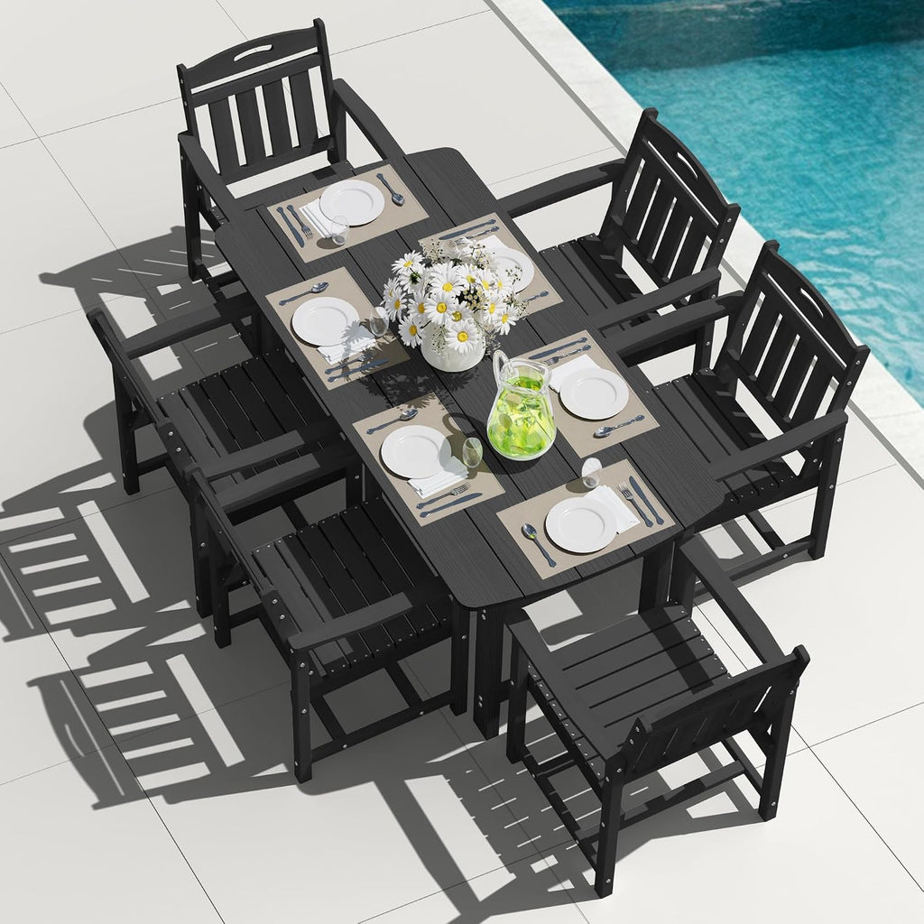 7pc Black HDPE Dining Set Six Chairs Umbrella Hole