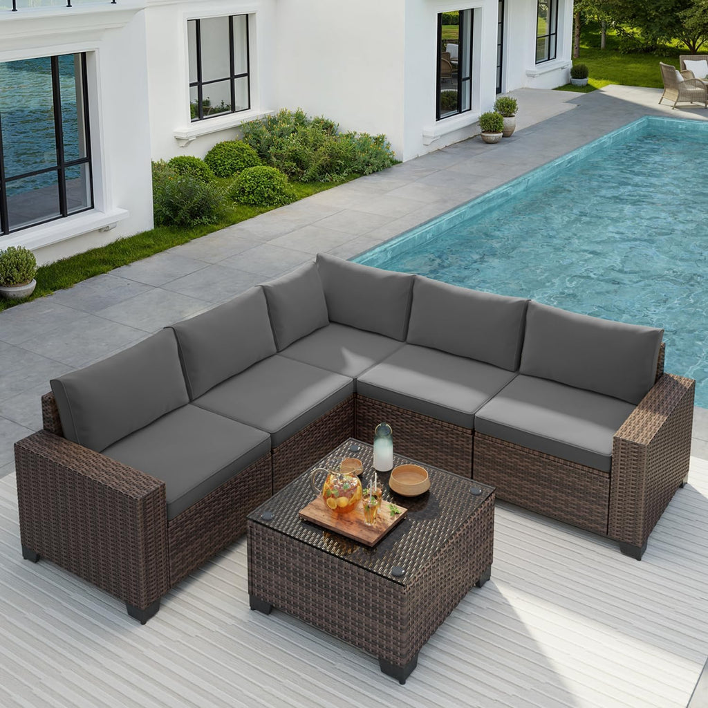 6pc PE Wicker Patio Set Thick Cushions Grey