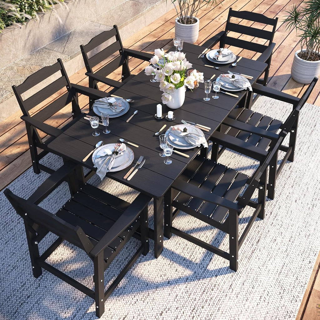 7pc Aluminum Dining Set Black HDPE Umbrella Hole