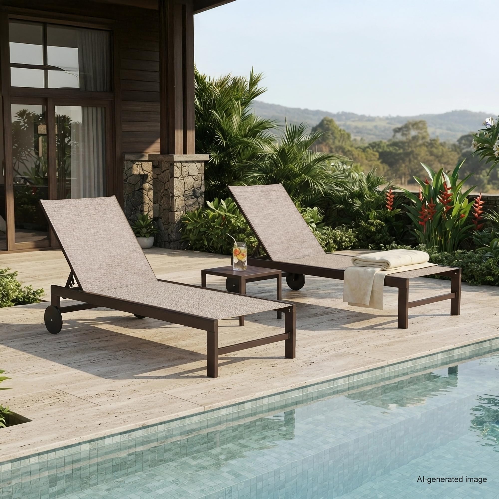 Bronze Aluminum Wheeled Patio Lounge Chair 2 Pack Table