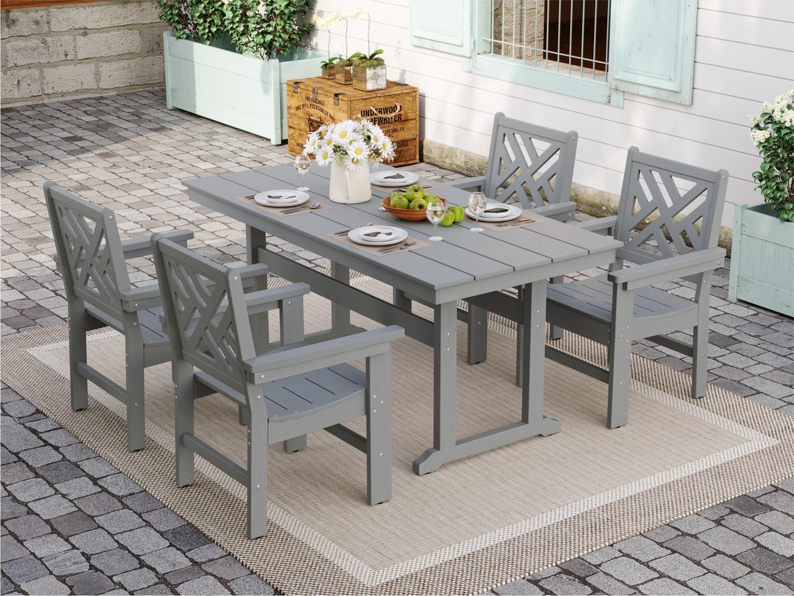 7pc Grey HDPE Dining Set Six Chairs Umbrella Hole