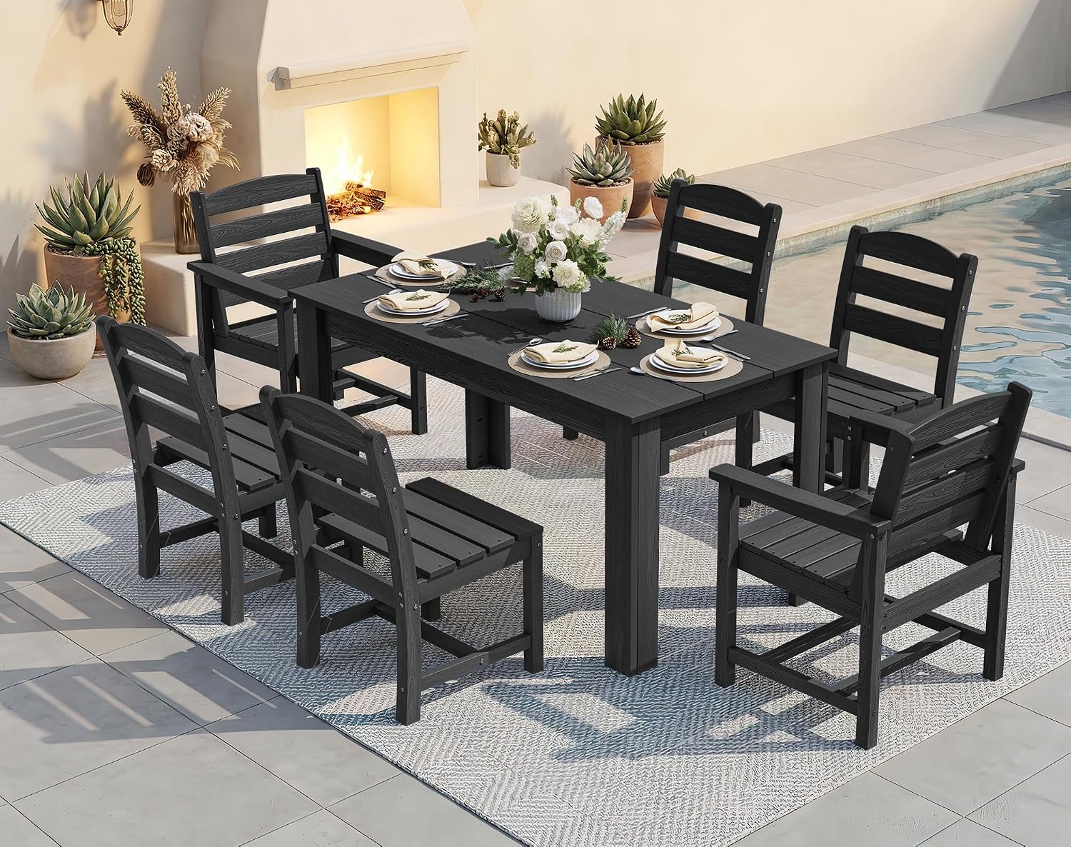 6 Seater HDPE Black Armless Patio Dining Set