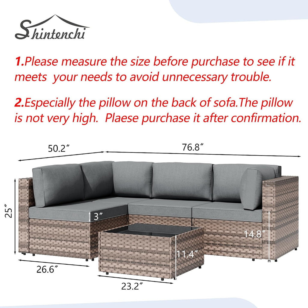 5 Piece PE Rattan Patio Set Glass Table Cushions