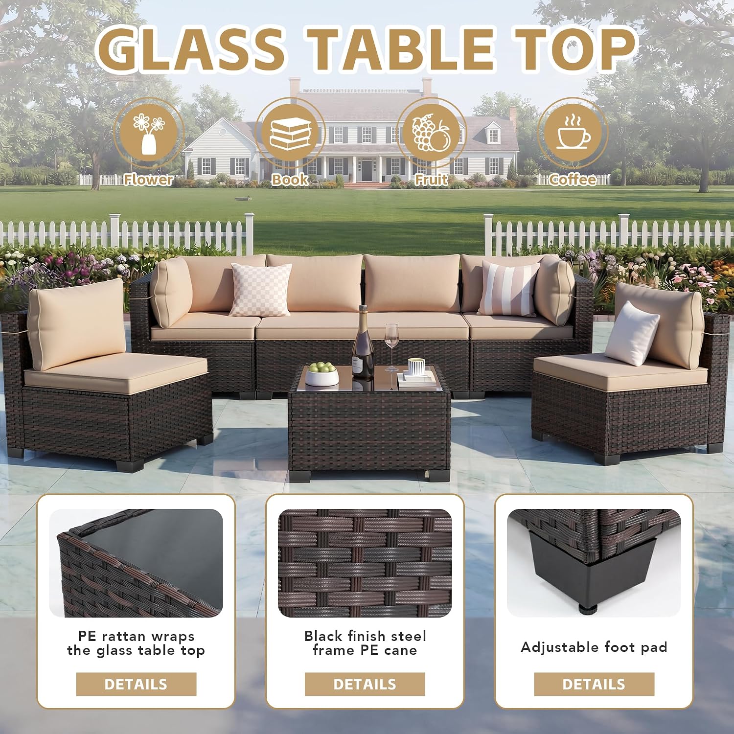 7pc Handwoven Rattan Sectional Patio Tea Table Set