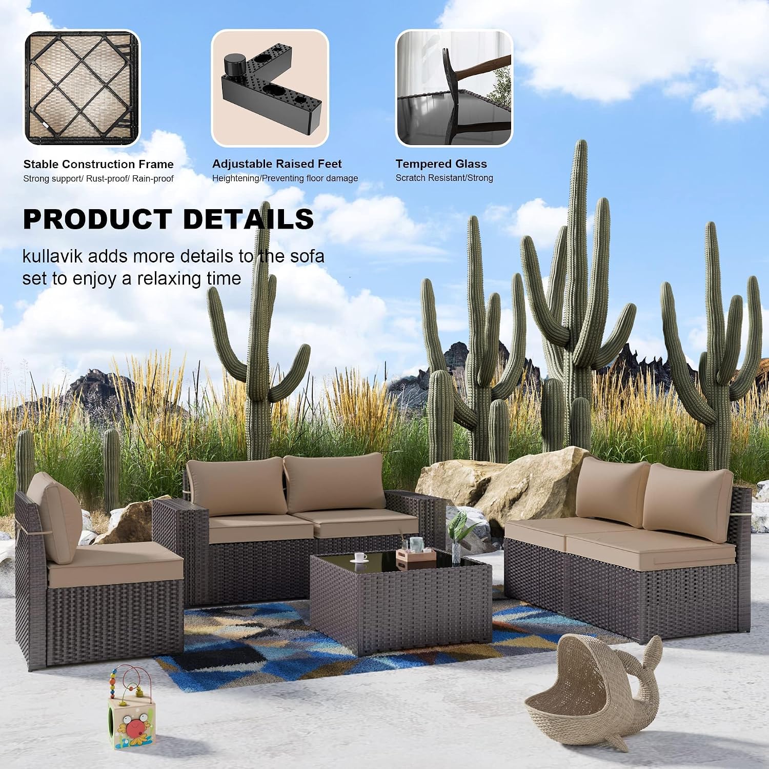 6pc PE Wicker Sectional Khaki Patio Conversation Set
