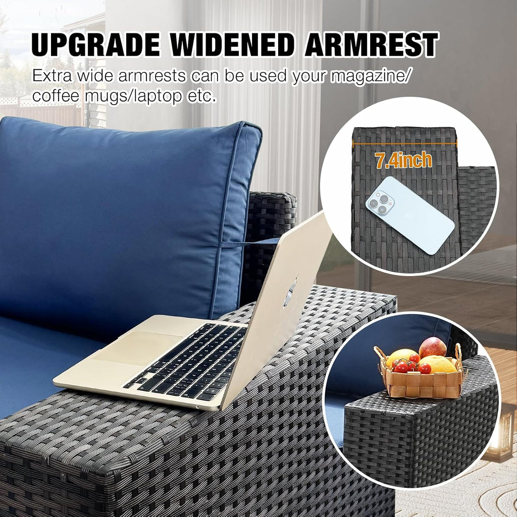 6pc Wicker Sectional Navy Cushion Glass Table Set
