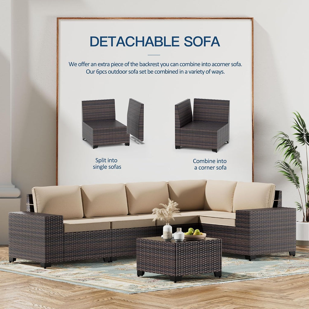 6pc PE Wicker Sectional Khaki Patio Conversation Set