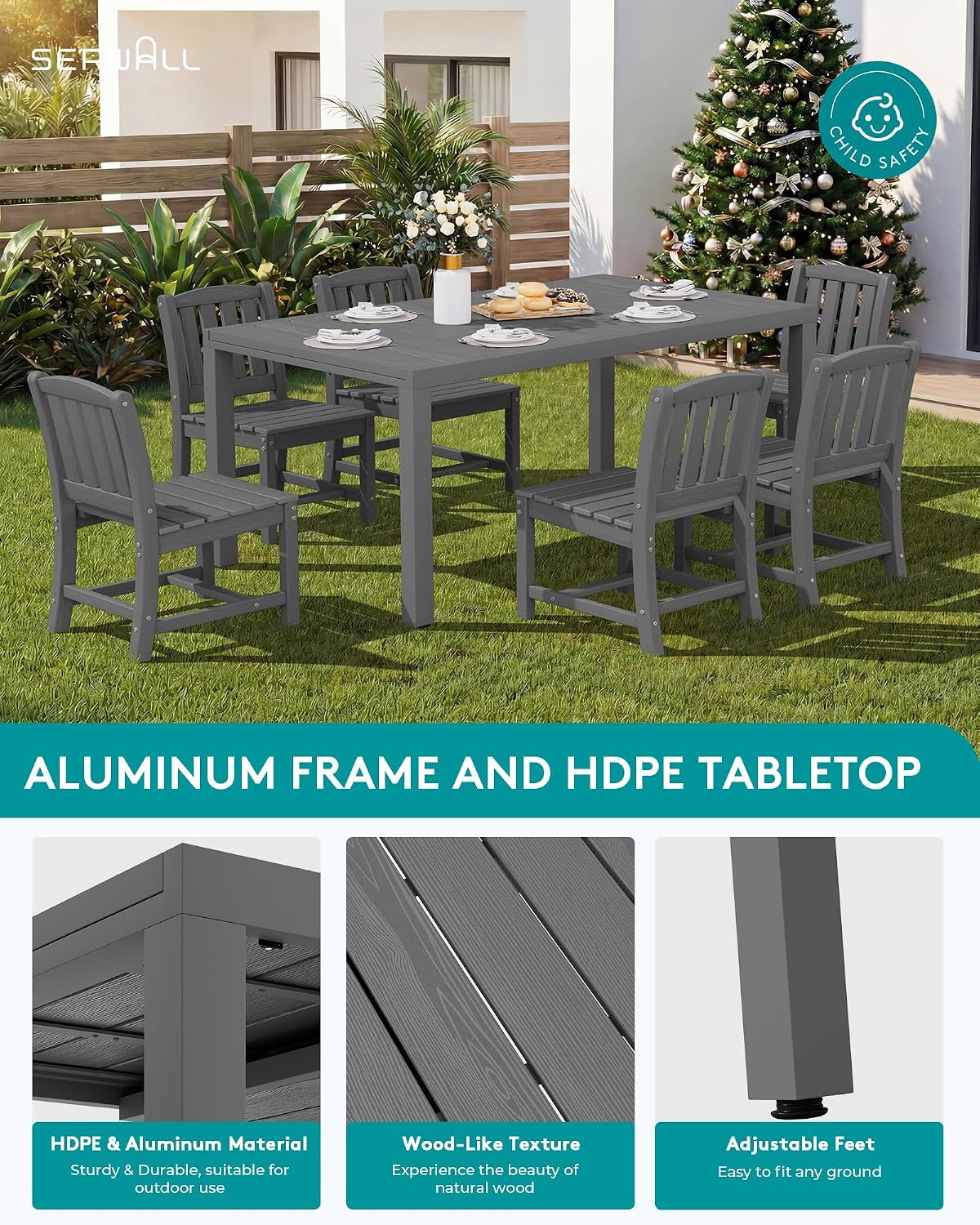 10pc Expandable Table Grey HDPE Eight Chairs Umbrella