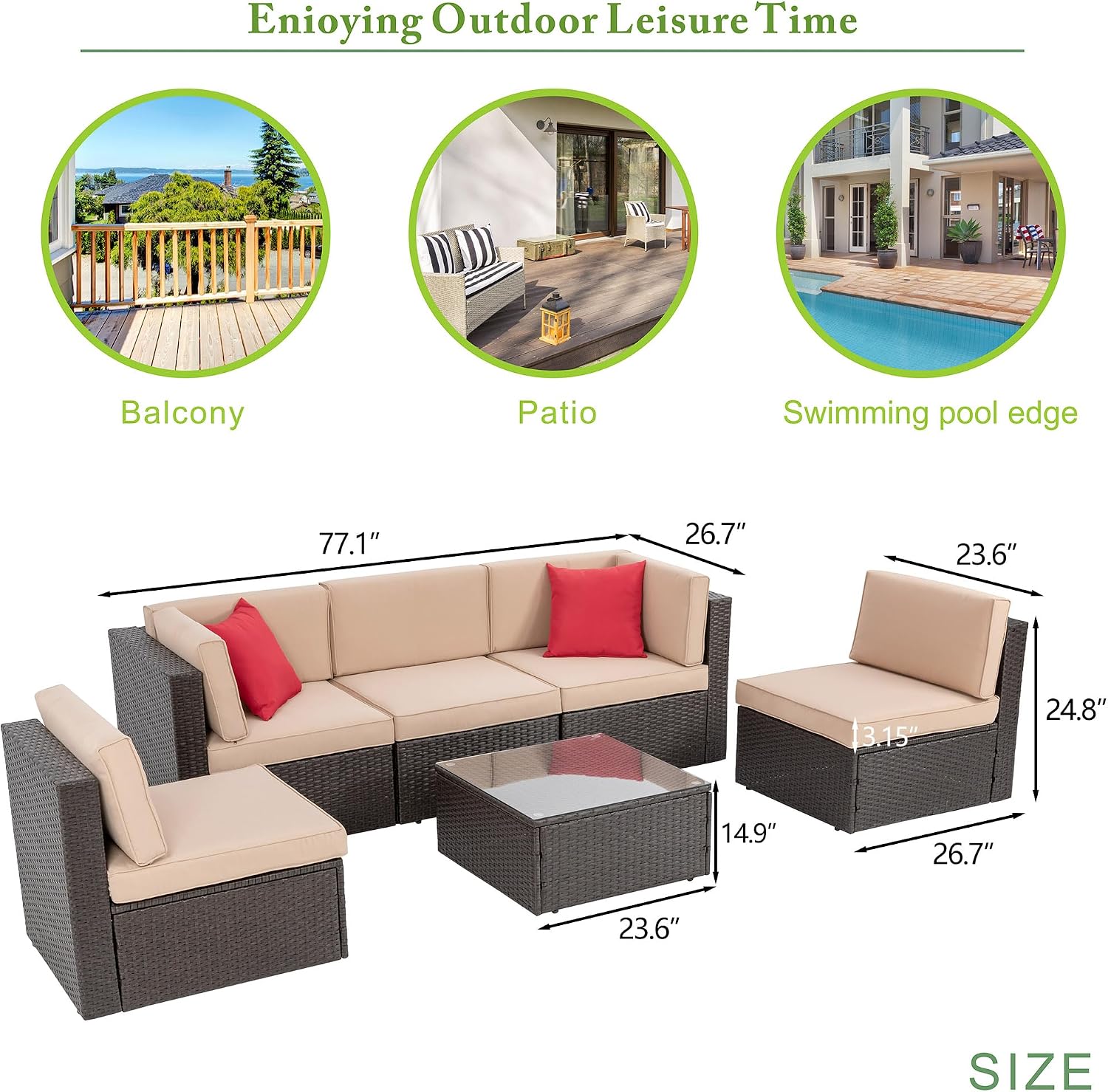 6pc PE Wicker Sectional Beige Coffee Table Patio Set